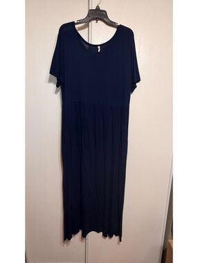LongYuan 3XL Navy Blue Maxi Dress Short Sleeve Pockets Plus Size Stretch